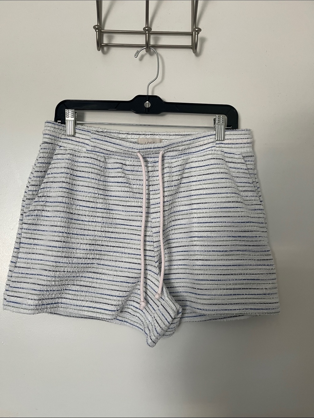 LOFT Striped Terry Drawstring Shorts - White & Blue